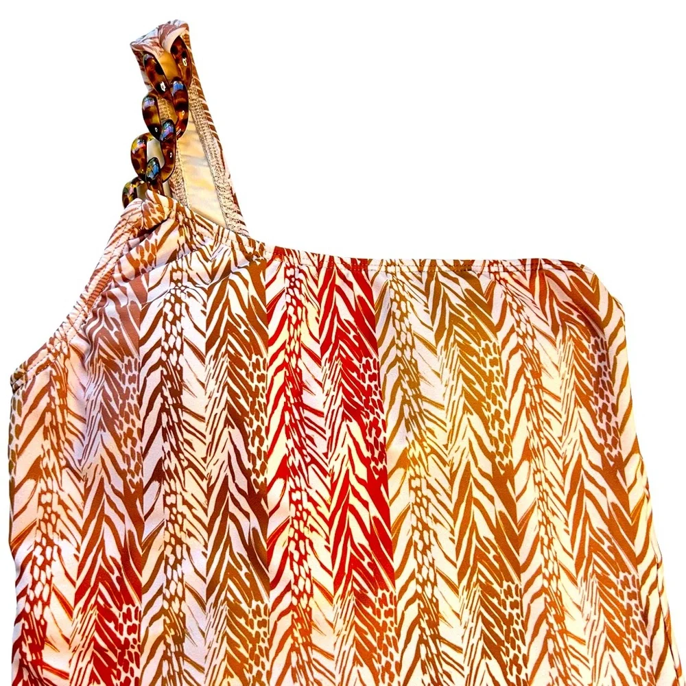 Shoshanna One Piece Swimsuit One Shoulder Chain Detail Amber Safari Print Size 4